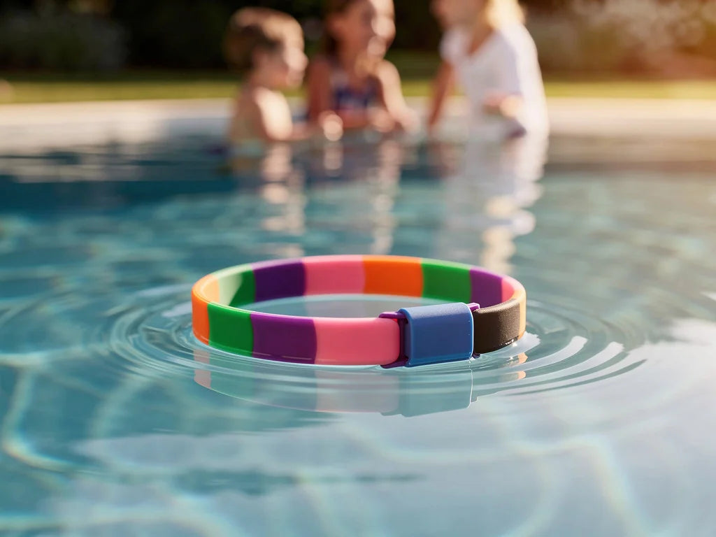 Place this anti-mosquito wristband in a swimming pool, floating on clear blue water, under natural w