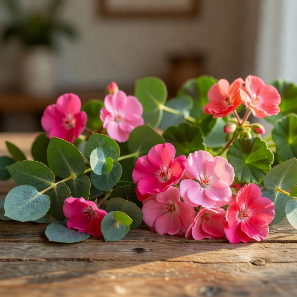 Fresh geranium flowers and eucalyptus leaves arranged on a rustic wooden surface, natural warm sunli