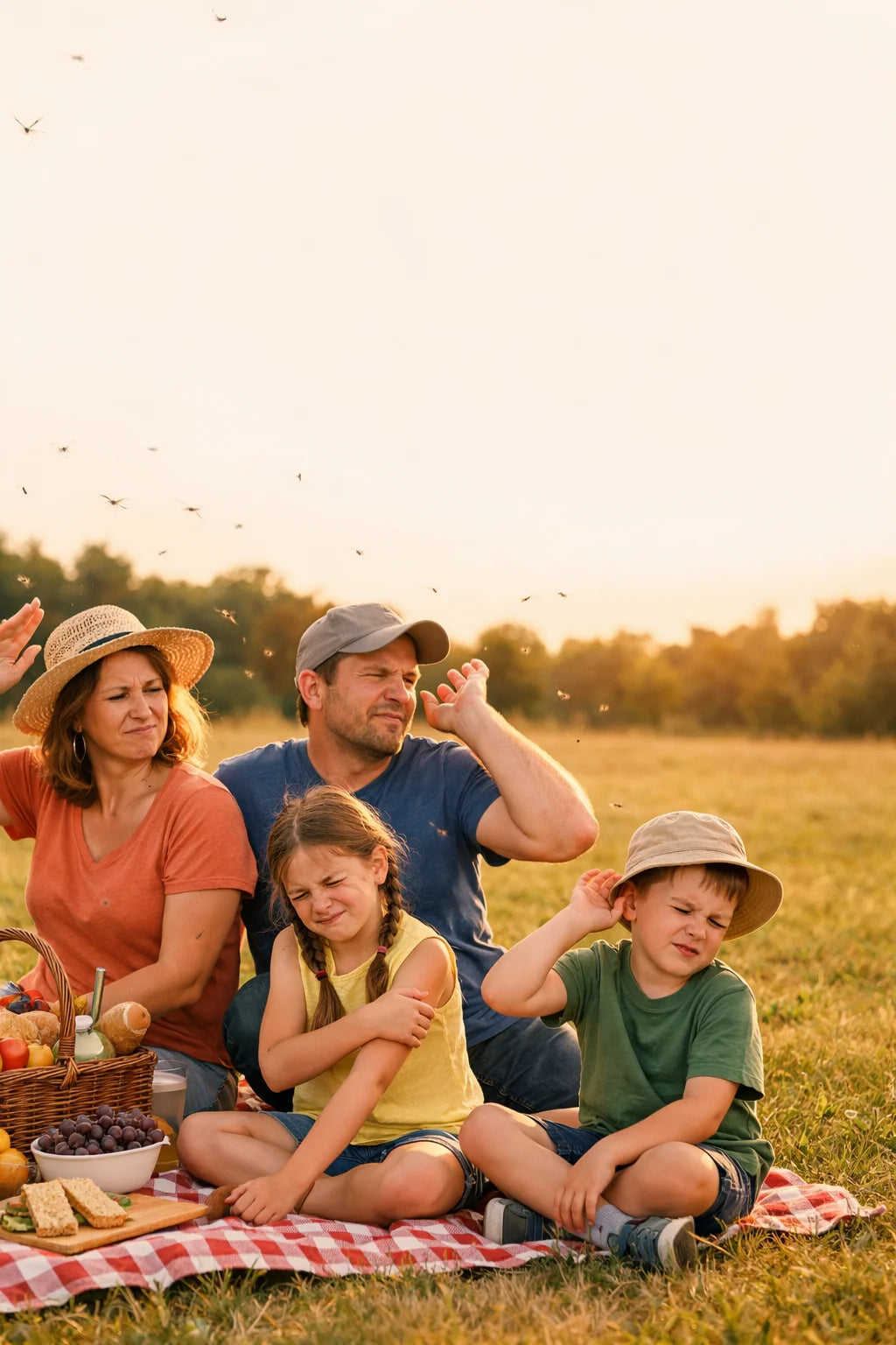 A family on a picnic looking annoyed and swatting mosquitoes, sunny outdoor setting, warm natural li