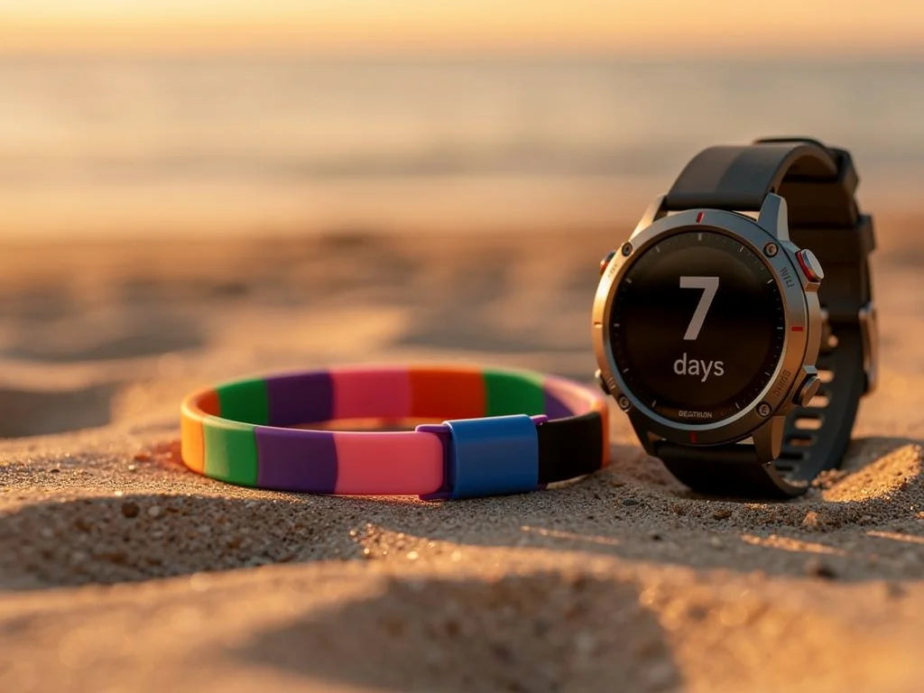 Place this anti-mosquito wristband next to a watch showing 7 days, on a sandy beach with a sunset, n
